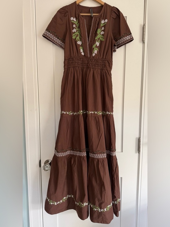 Anthropologie Dresses & Skirts - Anthropologie Somerset Brown Maxi Dress with Green & White Embroidery Size XS